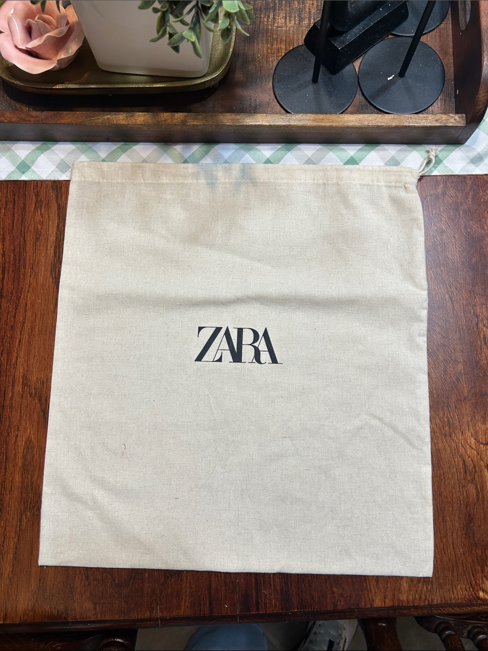 ZARA Beige Canvas Drawstring Dust Bag with Black Logo